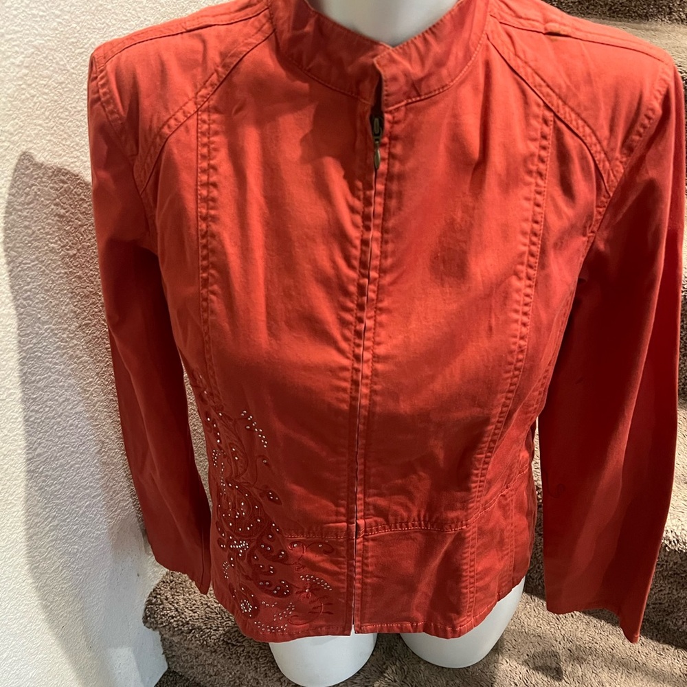 Chico's Orange Embroidered Zip Up Jacket